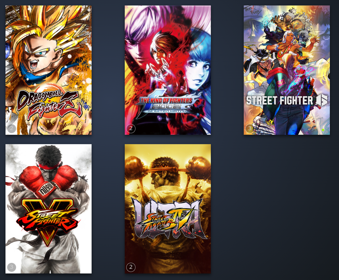 Bibliothèque de jeux d'une borne Novarcade : jaquettes de Dragon Ball FighterZ, The King of Fighters 2002 Unlimited Match, Street Fighter 6, Street Fighter V et Ultra Street Fighter IV.