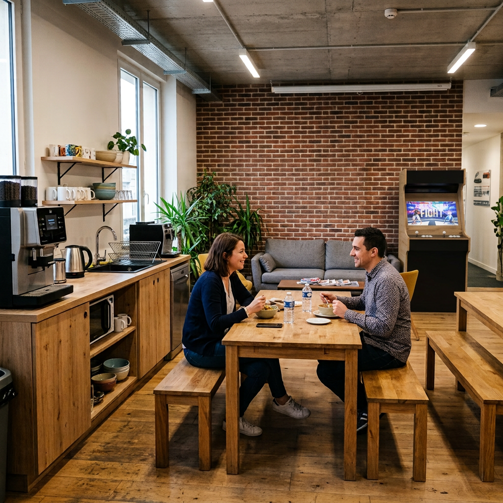 Deux collègues profitent d'une borne d'arcade Novarcade en pleine partie, installée dans une salle de pause d'entreprise au mur de briques.