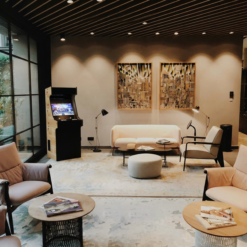 Borne d'arcade Novarcade intégrée dans un hall d'accueil d'hôtel au mobilier design.