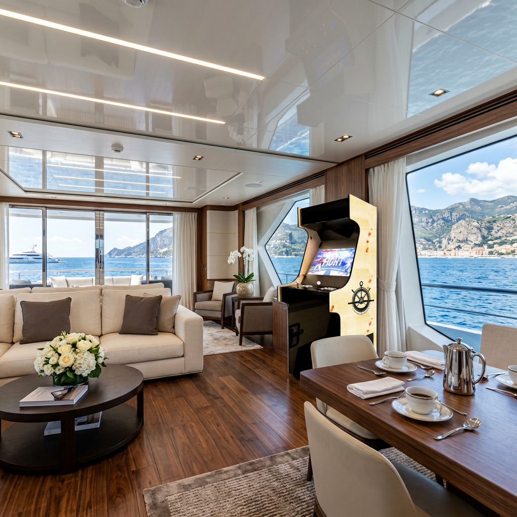 Borne d'arcade Novarcade installée dans le salon d'un yacht de luxe, avec vue sur la mer et les montagnes.